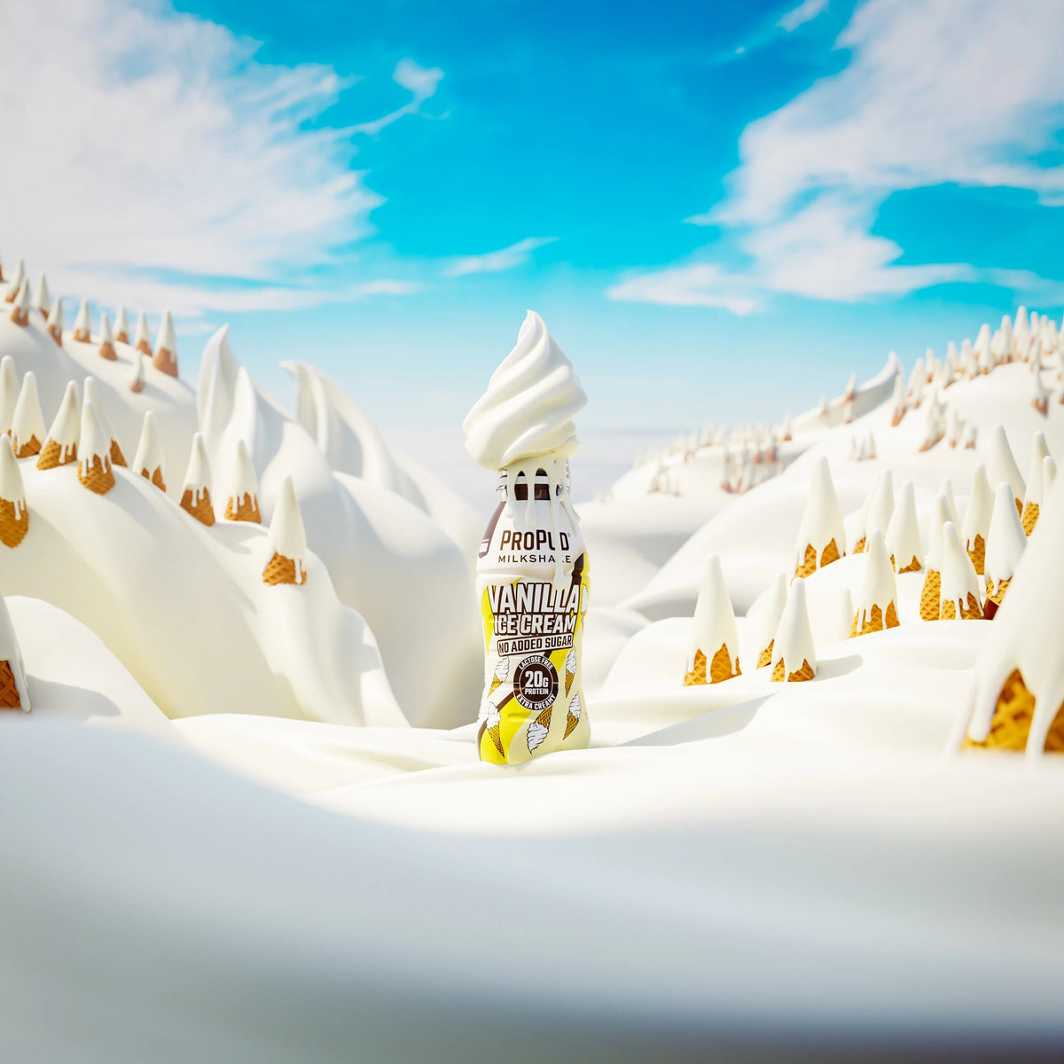 A bottle of Propio Vanilla Ice Cream stands upright in a stylized white landscape resembling snow-covered hills, with small cone-shaped structures and a bright blue sky in the background.